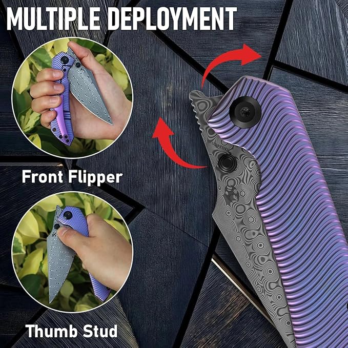 KANSEPT Fenrir Pocket Knife 3.48 Damascus Blade with Flipper and Thumb Stud Frame Lock for Camping Outdoor with Purple Anodized Titanium Handle and Micro-Milled Water Ripple Texture K1034C5
