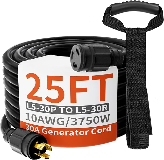 huanchain 3 Prong 30 Amp Generator Cord 25 Feet Heavy DutyNEMA L5-30P/L5-30R 10 Gauge 125V SJTW Black Lock Generator Extension Cord Waterproof ETL Listed