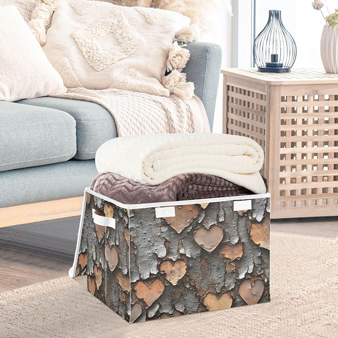 Storage Cube with Lid Hearts Rustic Valentine Print 16.5×12.6×11.8 IN Collapsible Large Capacity Foldable Storage Basket Bin Organizer