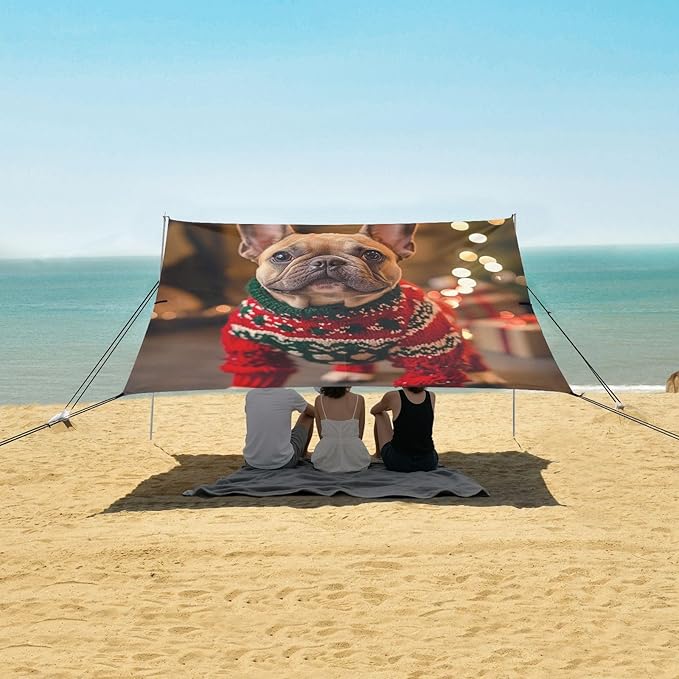 ALAZA French Bulldog Cute Dog Wearing Christmas Sweaters Beach Tent Sun Shelter Portable Canopy Sunshade for Outdoor Camping Picnics Backyard Fun 10x9 ft