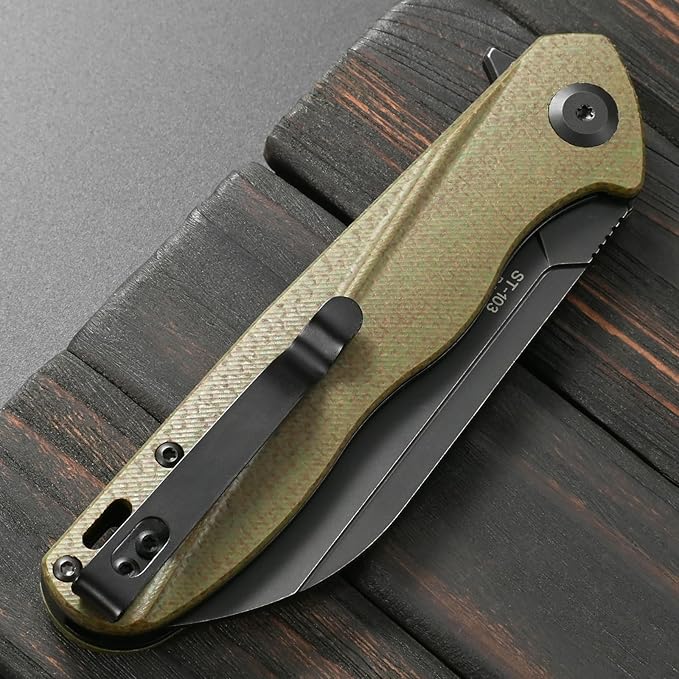 Sitivien ST103 Folding Knife D2 Steel BladeMicarta Handle EDC Tool Knife for Outdoor Camping Hunting Survival(Green)