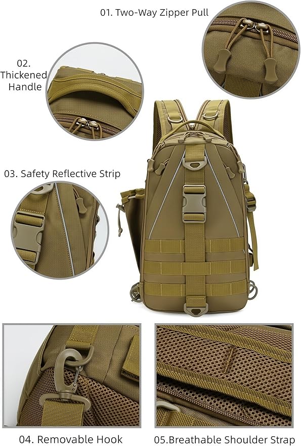Mint &amp Moss Tactical Backpack for Men Water Resistant Tackle Backpack with Rod Holder &amp Tackle Box Kit Lightweight Sling Fishing Bag for Trekking Survival Camping Fitness Travel (Brown)