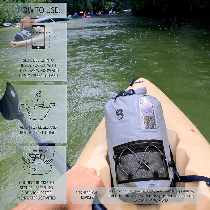 geckobrands Hydroner 20L Waterproof Dry Bag Backpack – Lightweight Roll-Top Bag with Clear Phone Pouch for Outdoor Activities (Flamingo)