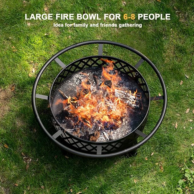 Panovue 38 Inch Wood Burning Fire Pit for Outside Round Firepit with Grill &amp Metal Lid Metal Outdoor Fire Pit Table for Patio Backyard Garden Bonfire Party