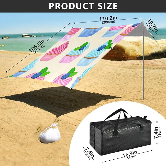 xigua Cake Beach Tent Sun Shelter with Carrying Bag - Silver Coated Oxford Fabric Beach Canopy for Beach Camping Fishing - Includes Windproof Ropes Sandbags &amp Stakes