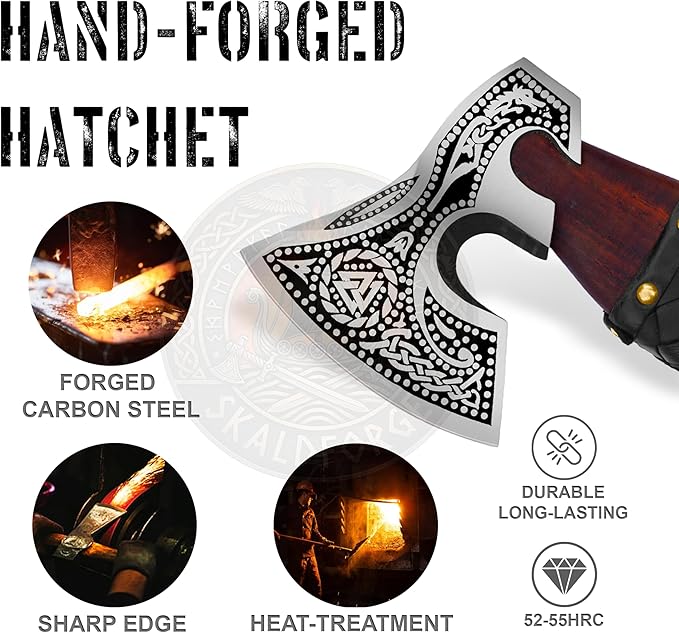 Handmade Russian Axe with Leather Sheath – Carbon Steel Blade Rosewood Handle – 13 Inch Nordic Axe Handmade Collectible - Best Wedding for Men and Women