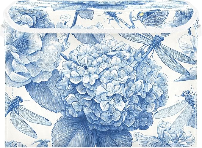 Collapsible Storage Bins with Lids Decorative Fabric Storage Cubes Closet Organizer and Storage Basket Boxes Containers for Clothes Box Chest Folding Rectangle Blue Hydrangeas Butterf