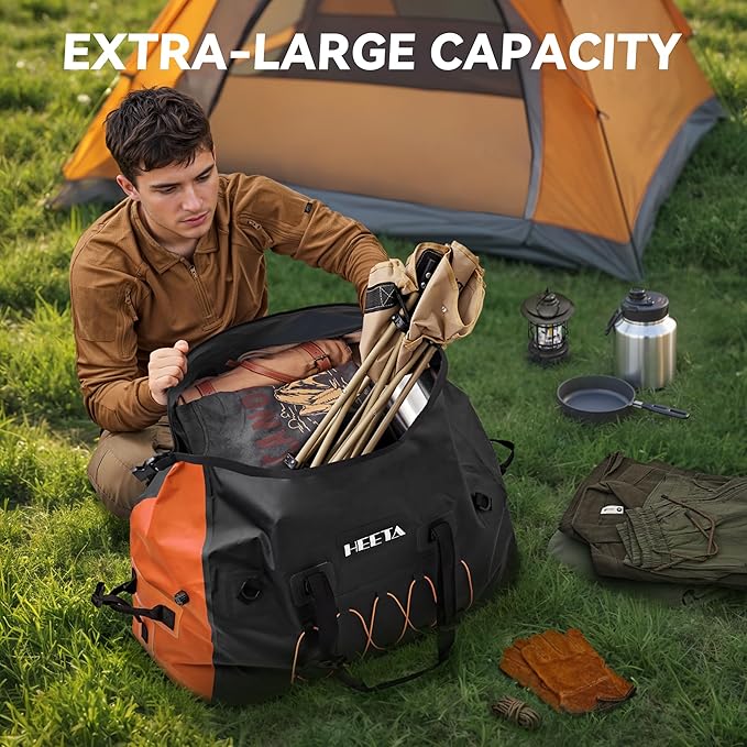 HEETA Waterproof Duffel Bag Motorcycle Dry Bag Backpack 60L/80L Extra Large Rolltop Travel Duffle Bags with Straps &amp Handles for Kayaking Rafting Boating Canoeing Camping Gym Beach Cruise Ship