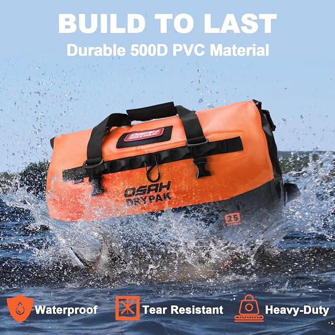 OSAH DRYPAK Waterproof Duffel Bag 25L/40L/60L – Heavy-Duty Motorcycle Tail Bag Roll-Top Dry Bag for Travel Camping Boating Kayaking Outdoor Adventure