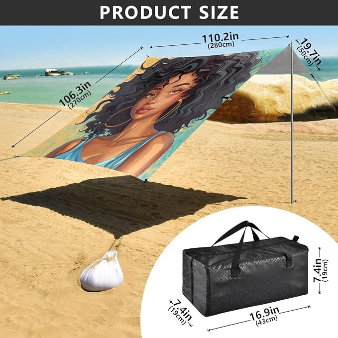 ALAZA American Woman with Curly Hair Art Beach Tent Sun Shelter Portable Canopy Sunshade for Outdoor Camping Picnics Backyard Fun 10x9 ft