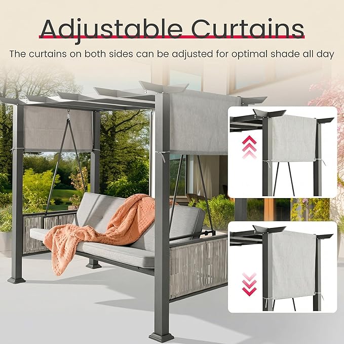 Pamapic 2-in-1 Convertible Porch Swing Bed 3-Seat Elegant Patio Swing with Wicker Armrests Outdoor Chair with Adjustable Canopy for Balcony Garden and Poolside Gray