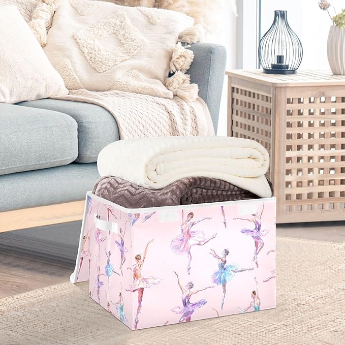 ALAZA Ballet Dance Pink Storage Bins Organizer Box Baskets Lidded Clothes for Shelves Closet Collapsible Stackable Storage Cubes Handles