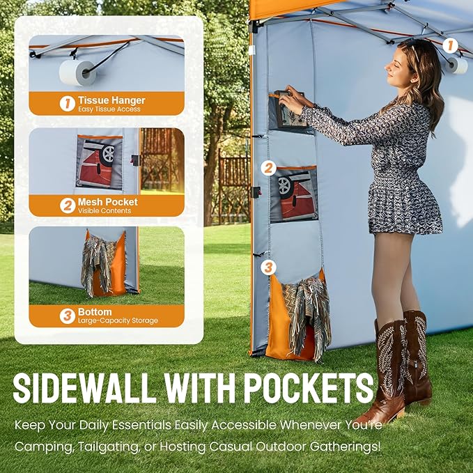 CROWN SHADES Canopy Tent 10 x 10 Foot Portable Pop Up Outdoor Shelter with Pocket Sidewall Push Center Lock UV Protection and Carry Bag Orange