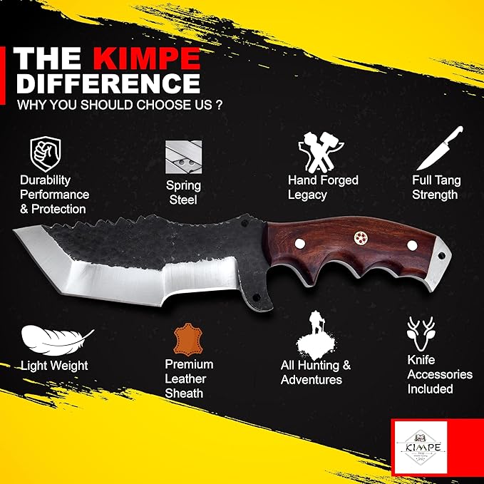KIMPE Premium Hunting Knife – Spring Steel Fixed Blade Razor Sharp Outdoor Survival Knife with Rose Wood Handle &amp Leather Sheath Bushcraft Camping Skinning Knife Gift for Men.(Spring Steel &amp