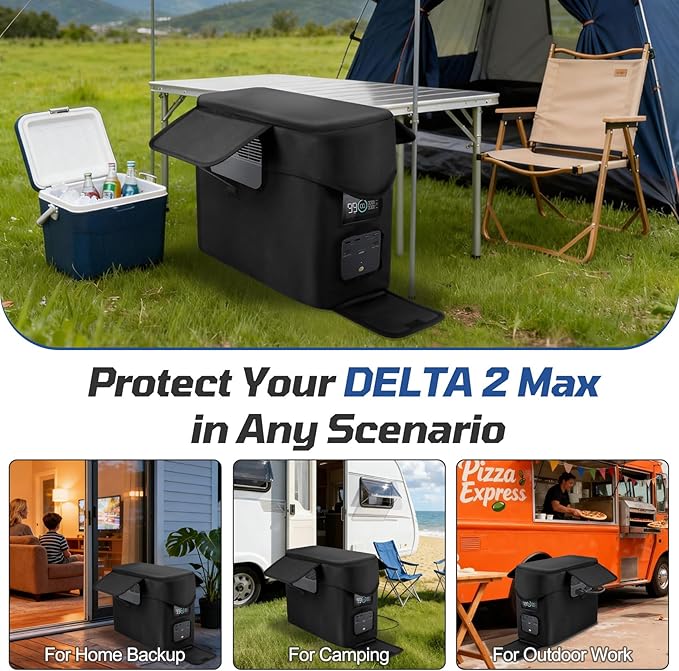 Heavy-Duty Protective Cover Compatible with EcoFlow DELTA 2 Max &amp Extra Battery 1680D Waterproof Dustproof Storage Case with Side Accessory Pocket Precision Fit for Outlets &amp Ventilation (Bl