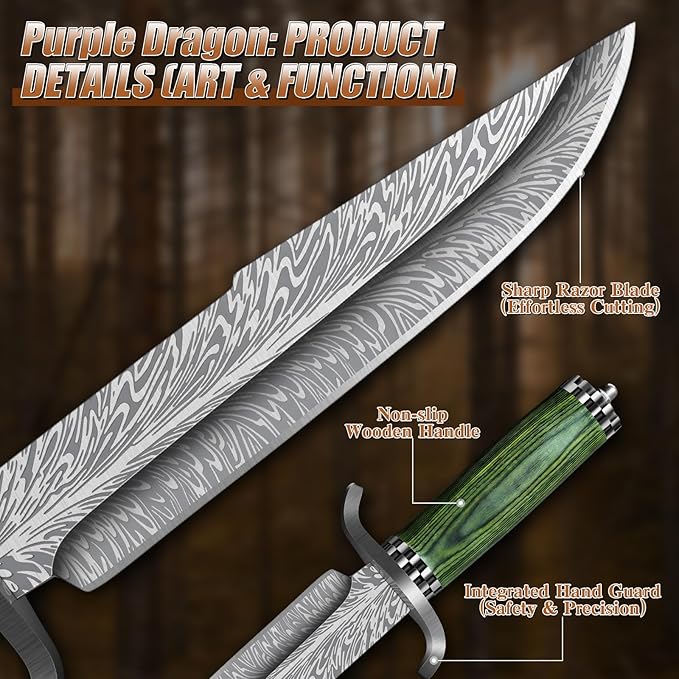 Purple Dragon Fixed Blade Knife with SheathCamping Knife with Damascus-Style Blade Pattern Damascus Knife with Green Pakkawood Handle for BushcraftSurvival&ampOutdoor Use