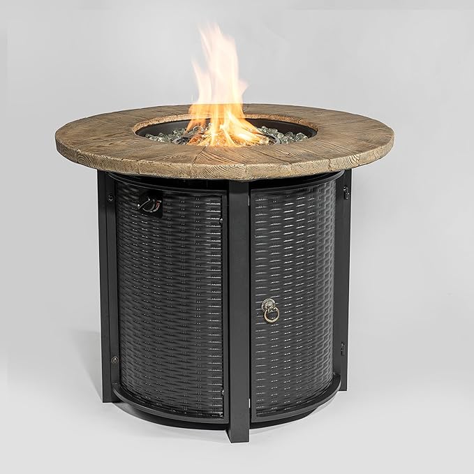 30'' Concrete Round Gas Fire Pit 50000 BTU Steel Outdoor Fire Tables Fire Table with Lid Add Warmth &amp Ambience to Gatherings and Parties On Patio Deck Garden Backyard.