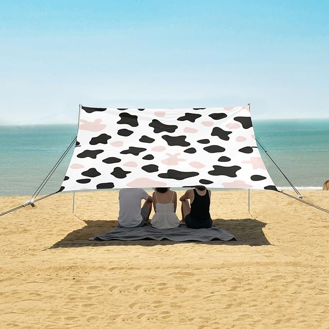 Simple Cow Print Pattern Vector Art Style White Background Pink and White Beach Tent UPF50+ Protection Lightweight Sun Shelter with Sand Shovel for Camping Trips Fishing Backyard Fun or