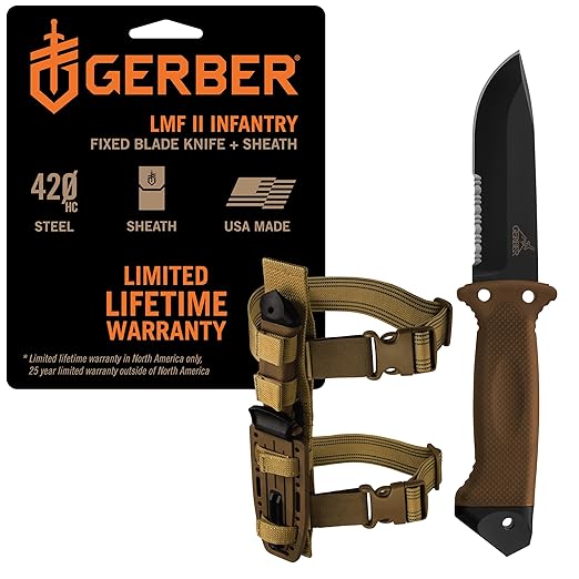 Gerber Gear LMF II Infantry Survival Knife Made in USA Military Grade Tactical Fixed Blade with Serrated Edge Shock Absorbing Handle Molle Sheath and Sharpener Coyote Brown