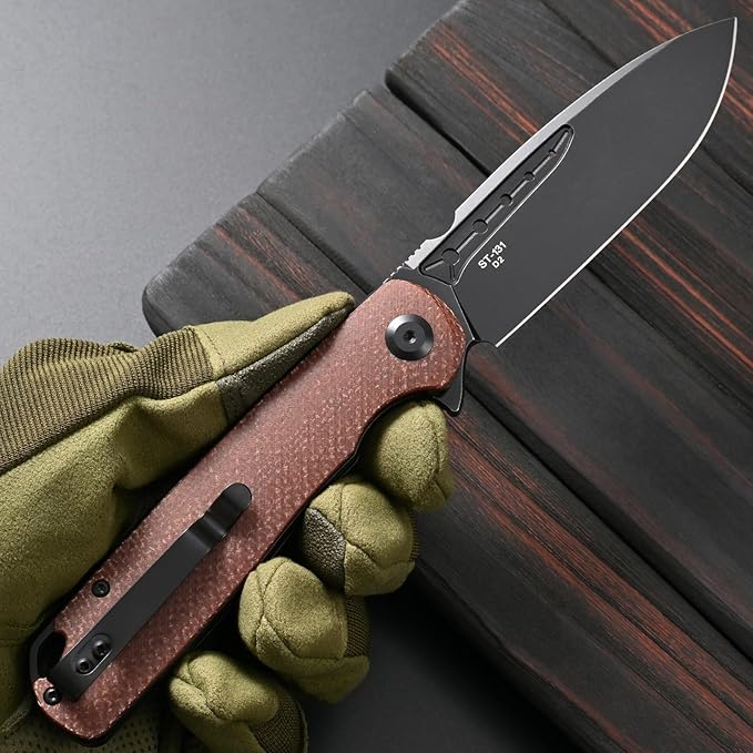 Sitivien ST131 Folding KnifeD2 Blade Micarta Handle EDC Tool Knife with Liner Lock for Outdoor Camping Hiking Fishing(Brown)