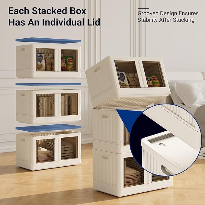 FLEXIMOUNTS 152 QT Stackable Storage Bins With Lids Collapsible Plastic Storage Bins Closet Organizers and Containers with Doors and Built-in Wheels For Home 2 Pack Cubes Milky White