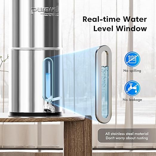 Purewell Upgraded 9-Stage Gravity Water Filter System with Water Level Window 0.01μm Ultra-Filtration Countertop System with 2 Filters and Stand pH 8-9 Reduce 99% Chlorine BO-PH-2.25G