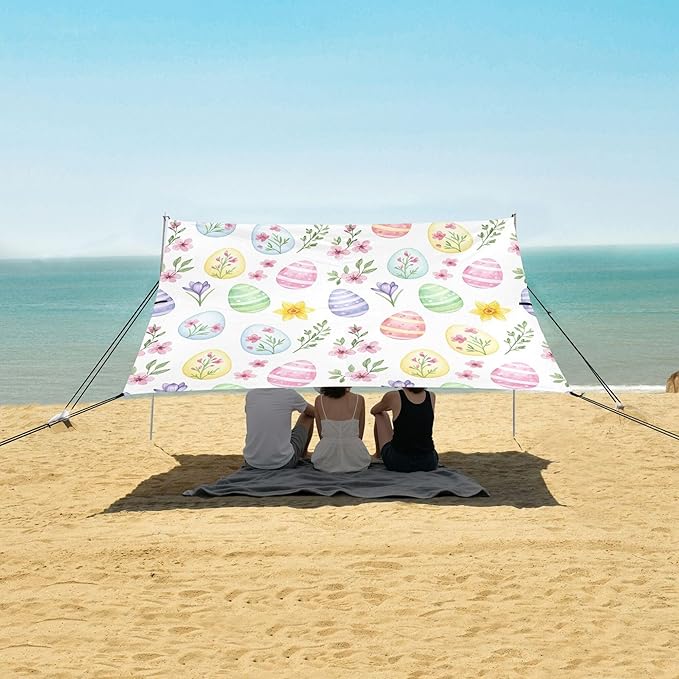 Easter Egg Beach Canopy Sun Shelter with Sandbags &amp Sand Shovel &amp Windproof Ropes - Portable 110x126 Beach Shade Beach Tent for Camping Picnics