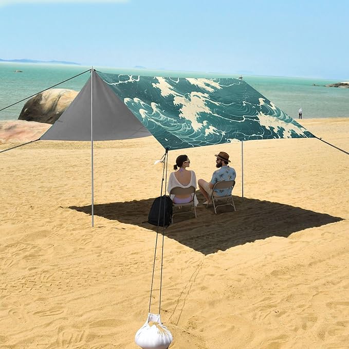 Waves Beach Canopy Sun Shelter with Sandbags &amp Sand Shovel &amp Windproof Ropes - Portable 110x126 Beach Shade Beach Tent for Camping Picnics