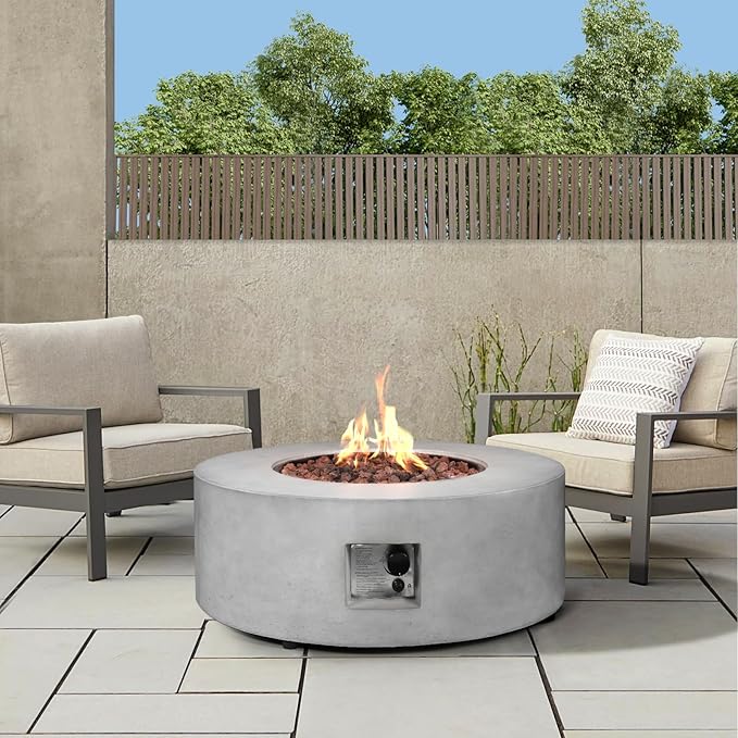 36-inch Outdoor Propane Fire Pit Table 50000 BTU Natural Gas Firepit Round Concrete Fire Table with Steel Lid Natural Gas Orifice Lava Rocks Rain Cover for Outside Patio Deck Backyard