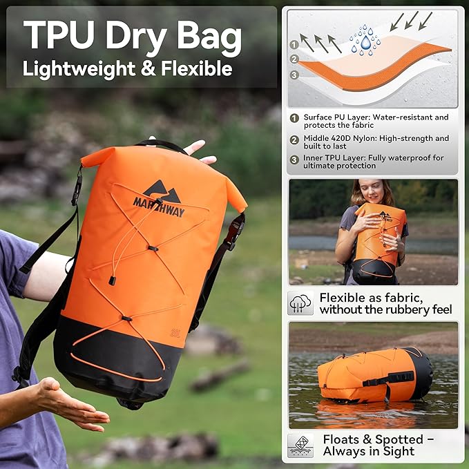 MARCHWAY Floating Roll Top Dry Bag Flexible Lightweight TPU Waterproof Backpack 20L/30L/40L with Padded Straps for Boating Kayaking Swimming Hiking Beach (Orange 40L)