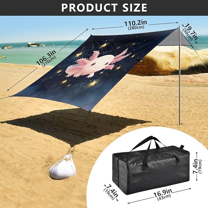 ALAZA Cute Axolotl Star Beach Tent Sun Shelter UPF50+ Protection Beach Shade Canopy w/ 4 Sandbags for Outdoor Camping Fishing Backyard Fun Picnic 10x9 ft