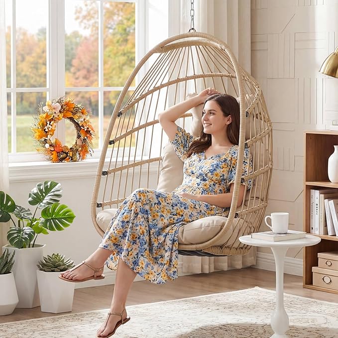 Nicesoul Outdoor Hanging Egg Chair Without Stand Patio Wicker Swing Egg Basket Chairs with Padded Cushion 350 Lbs Comfy Cozy Ceiling Tree Swinging Egg-Shaped Chair No Stand for Indoor Balcony Beige