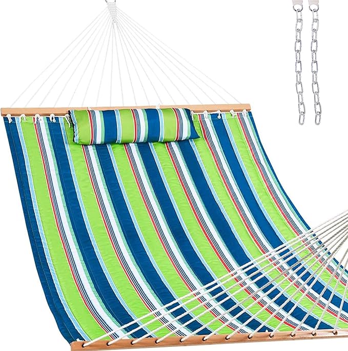 Lazy Daze 12 FT Quilted Fabric Double Hammock with Spreader Bars and Detachable Pillow 2 Person Hammock for Outdoor Patio Backyard Poolside 450 LBS Weight Capacity Green/Blue Stripe