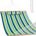 Lazy Daze 12 FT Quilted Fabric Double Hammock with Spreader Bars and Detachable Pillow 2 Person Hammock for Outdoor Patio Backyard Poolside 450 LBS Weight Capacity Green/Blue Stripe