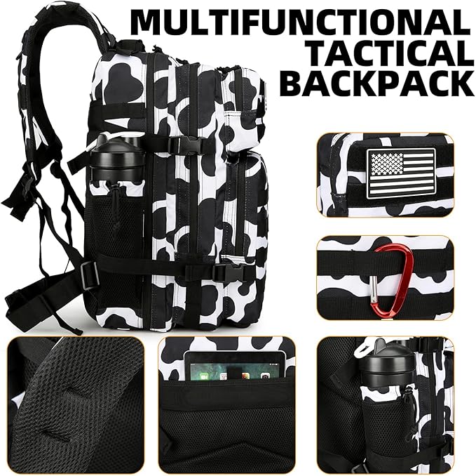 Lovelinks21 25L Tactical Backpack Military Tactical Backpack for Men and Women Small Assault Pack Outdoor Travel Hiking Camping Rucksack with Molle Webbing (Cow Print)