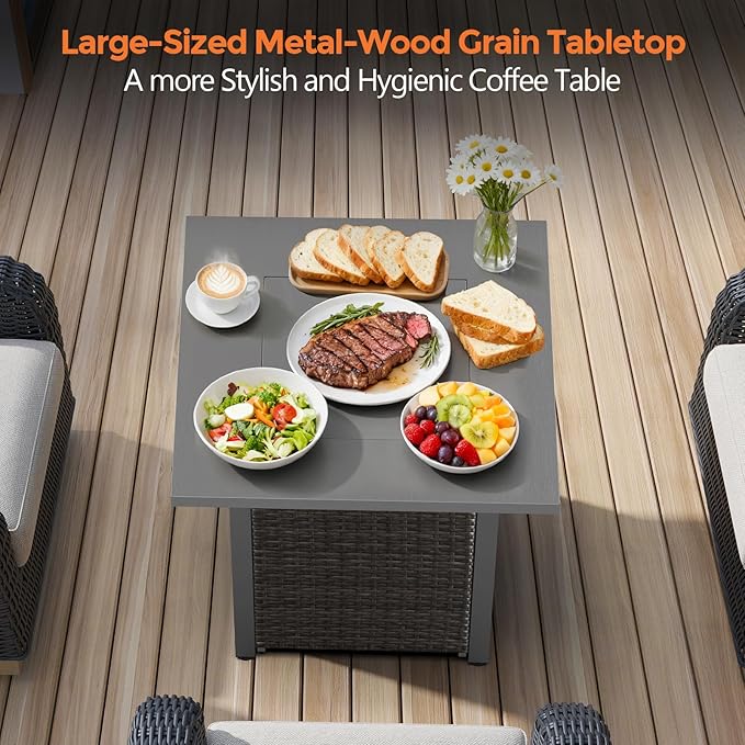 COWSAR 28 Rattan Square Propane Fire Pit Table 50000 BTU Outdoor Gas Fire Pit Includes Lid and Lava Rocks for Patio Deck Garden Warmth and Ambiance Black