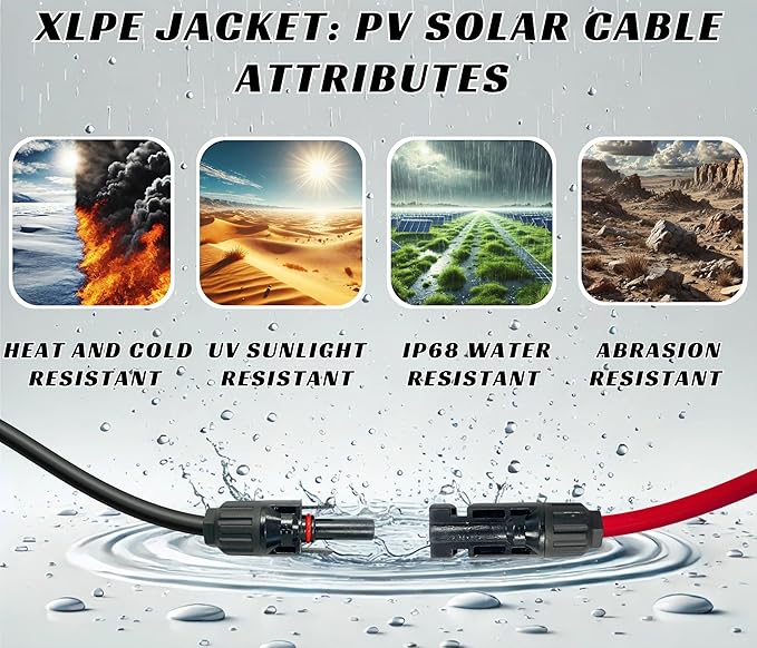 WindyNation 10 Gauge 10 AWG Pair 20 Feet Black + 20 Feet Red PV Photovoltaic Solar Panel Extension Cable Wire Solar Connectors