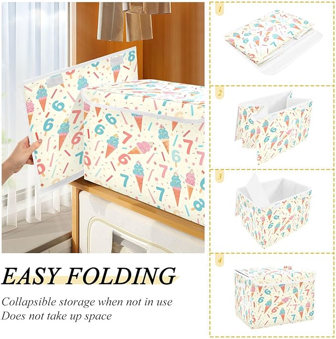 Storage Bins With Lid Stackable Fabric Closet Organizer Clothing Storage Large Boxes For Closet Shelves Bedroom Beige Ice Cream Drip 67