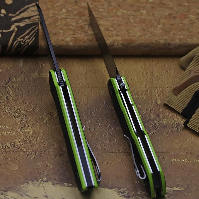 WPKOPYA 7.8in Folding Pocket Knife with D2 Steel Blade G10 Handle Ball Bearing Pivot Stonewashed Finish – Outdoor EDC Utility Tool for Camping Hiking Survival Use(G10 - Black/Green)