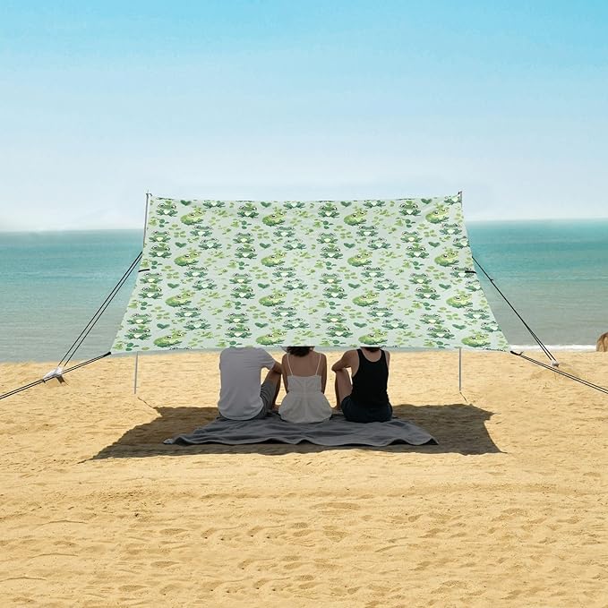 ALAZA Cartoon Frog Leaves Beach Tent Sun Shelter UPF50+ Protection Beach Shade Canopy w/ 4 Sandbags for Outdoor Camping Fishing Backyard Fun Picnic 10x9 ft