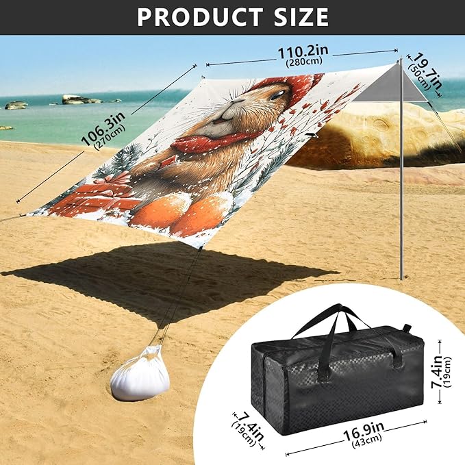 ALAZA Christmas Squirrel Beach Tent Sun Shelter UPF50+ Protection Beach Shade Canopy w/ 4 Sandbags for Outdoor Camping Fishing Backyard Fun Picnic 10x9 ft