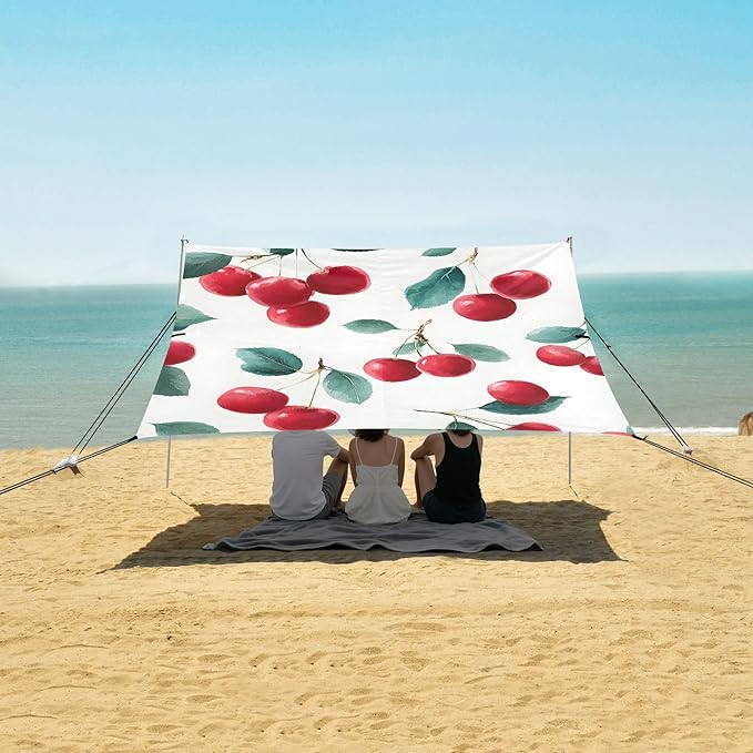 ALAZA Red Cherry Leaves Pattern Beach Tent Sun Shelter Portable Canopy Sunshade for Outdoor Camping Picnics Backyard Fun 10x9 ft