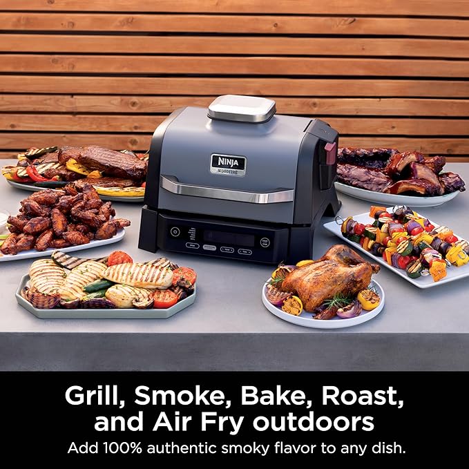 Ninja Woodfire Outdoor Grill &amp Smoker 6-in-1 Functionality Grill Smoke Bake Roast Air Fry Broil Authentic Woodfire Flavors Electric Heat OG321