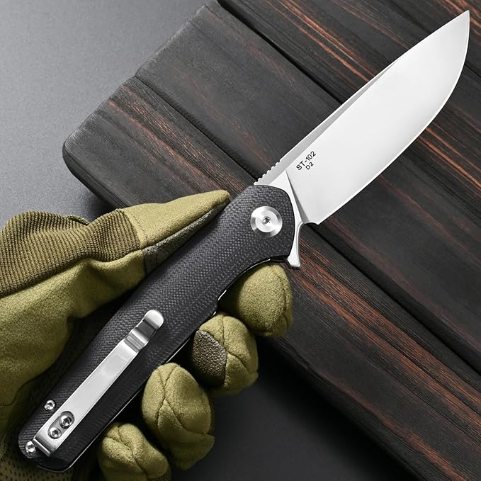 Sitivien ST102 Folding Knife D2 Steel Blade+G10 Handle Pocket Knife EDC Tool Knife for Outdoor Camping Hunting Survival (Black) …