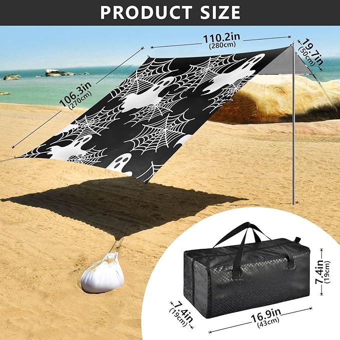 ALAZA White Ghost Spider Web Pattern Beach Tent Sun Shelter Portable Canopy Sunshade for Outdoor Camping Picnics Backyard Fun 10x9 ft