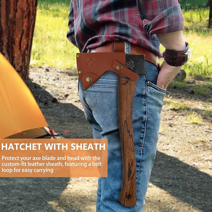 15.7 Hand Forged Axe Camping Hatchet with 1065 Carbon Steel &amp Wooden Handle Bushcraft Hatchet with Leather Sheath and Axe Sharpener Survival Ax for Outdoor Adventures and Gardening