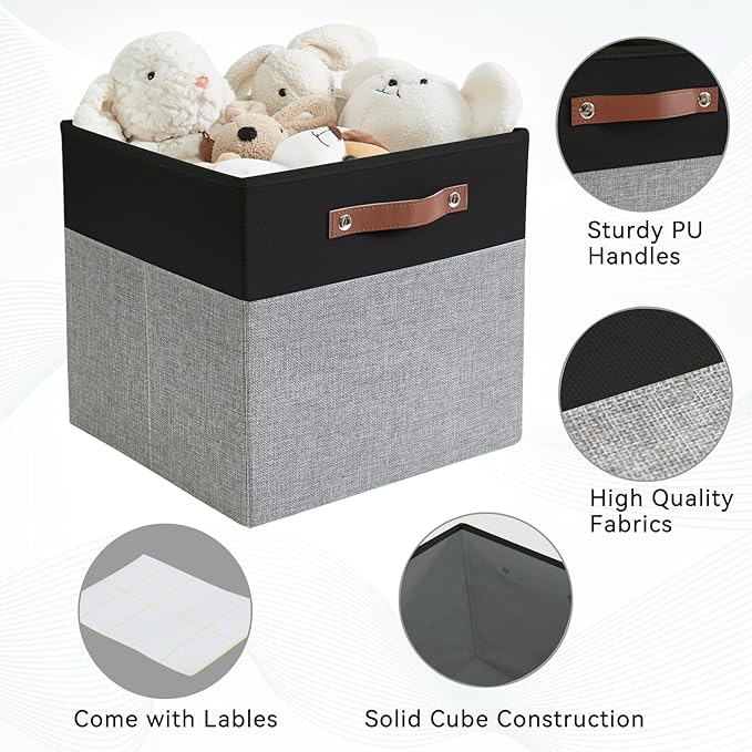 Collapsible Fabric Storage Cube Bins with 2 Reinforced PU Handles Foldable Storage Organizer Baskets for Closet Shelves Living Room | 11x11x11 4 Pack Black &amp Gray