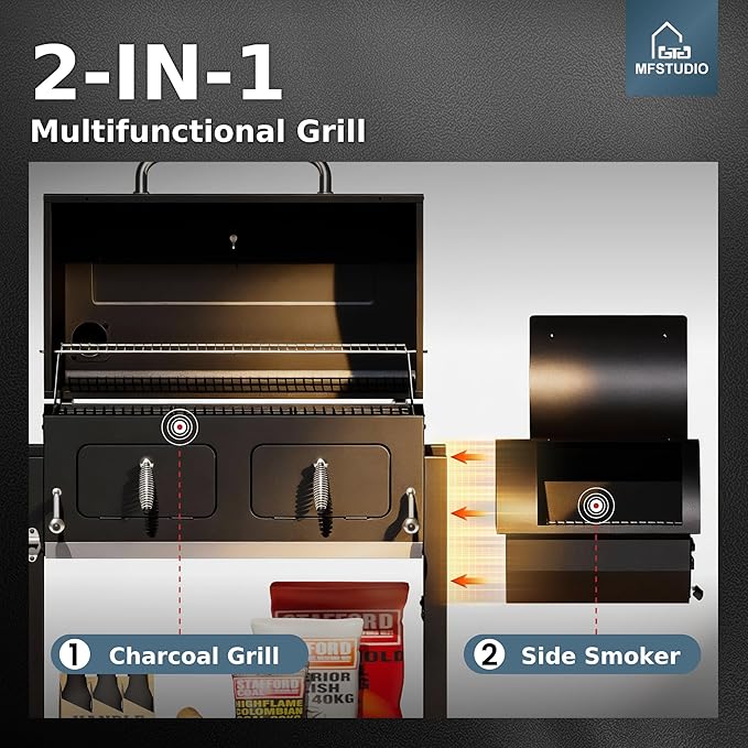 MFSTUDIO 49 2 in 1 Charcoal Grill &amp Smoker Combo Outdoor Grill with Enamel Coated Charcoal Tray 1015 SQ.IN Cooking Area Adjustable Top Vent and Chimney for Outdoor Grilling