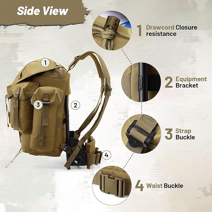 50L Military Alice Pack Army Survival Combat ALICE Rucksack Backpack for Men &amp Women for Camping Hiking Emergency Khaki