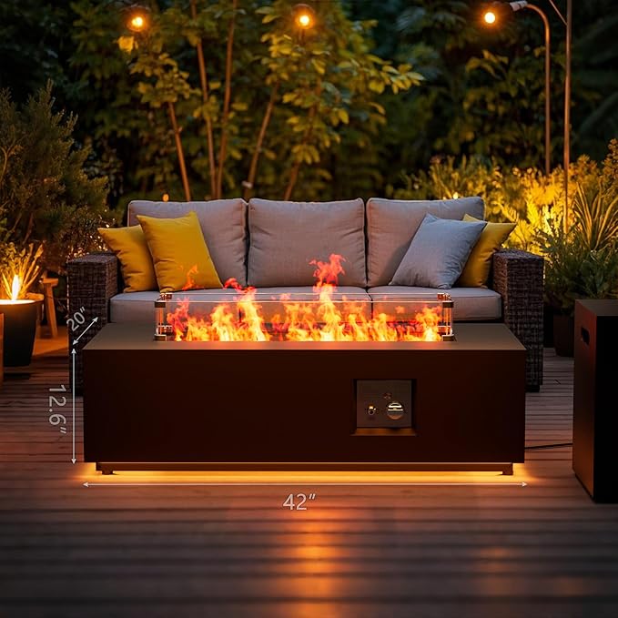 42 Outdoor Fire Pit Table 50000 BTU Gas Fire Pit with Glass Wind Guard Fire Stones Waterproof Cover Propane Fire Pit Table for Outside Patio (Warm Light Black)